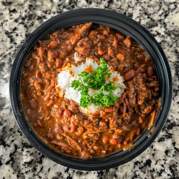 A black bowl filled with red beans and rice, garnished with fresh parsley, on a speckled countertop.